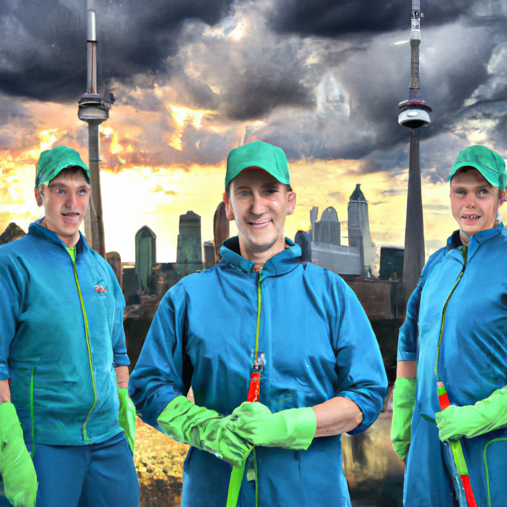 ClearNorth Cleaning team in fresh uniforms with eco-friendly supplies against a Canadian city skyline