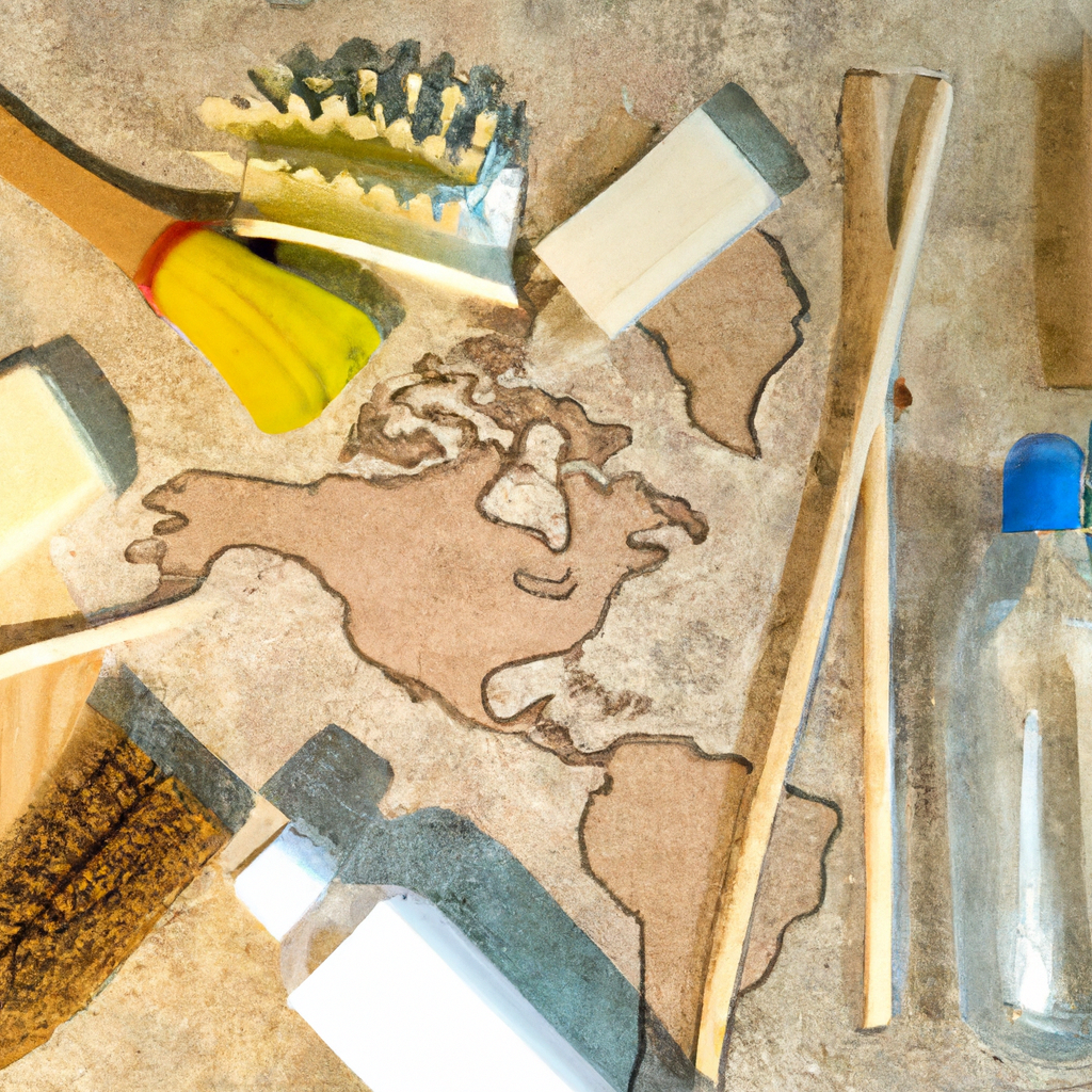 Eco-friendly cleaning supplies arranged on a Canadian map with bamboo tools and natural light